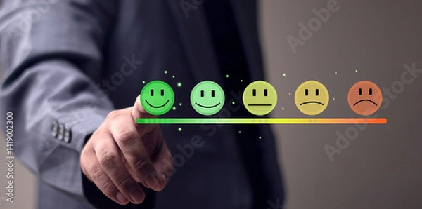 Fototapeta Customer service satisfaction concept. Businessman is pressing smiley emoticon on virtual touch screen. Customer service evaluation concept. Service, Concept, Reputation, Happy, Survey.