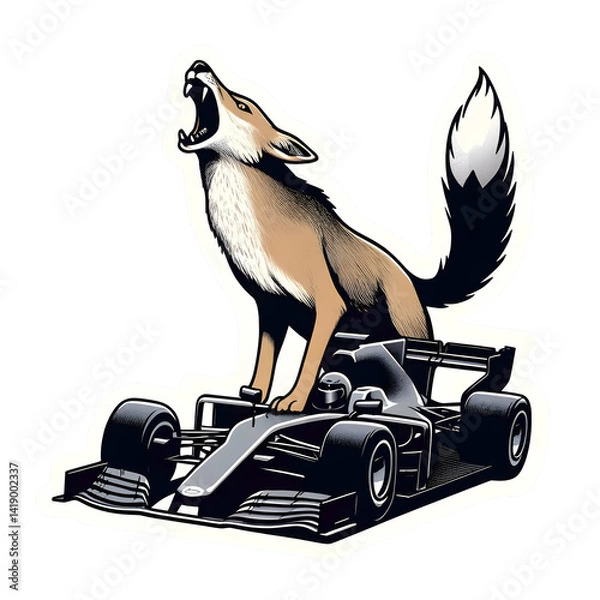 Fototapeta Heulender Fuchs auf Formel-1-Wagen – Dynamisches Racing-Tierdesign