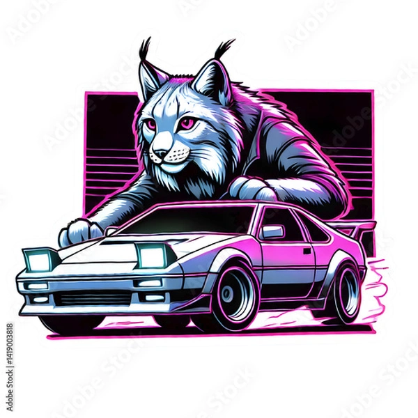 Fototapeta Luchs mit Retro-Sportwagen im Neon-Stil – Synthwave Racing Design