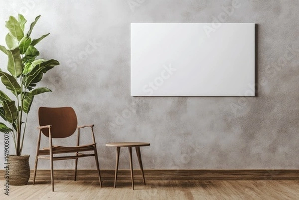 Obraz Minimalist room with chair, side table, plant, and blank canvas