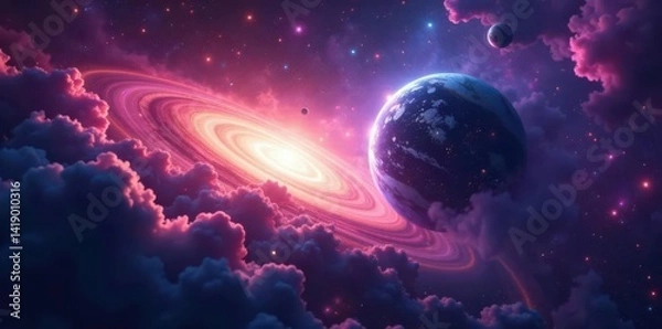 Fototapeta Vibrant nebula swirls around distant exoplanet , light, galaxy
