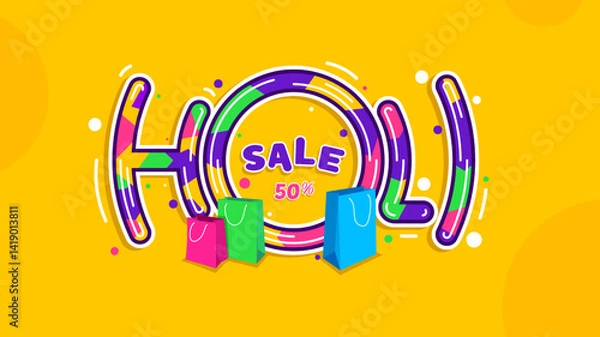 Fototapeta Colorful Holi festival sale banner with shopping bags, bright splashes, and text "Holi Sale 50%" on yellow background. Perfect for seasonal promotions and festive discounts