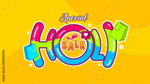 Obraz Colorful Holi festival sale banner with shopping bags, bright splashes, and text "Holi Sale 50%" on yellow background. Perfect for seasonal promotions and festive discounts
