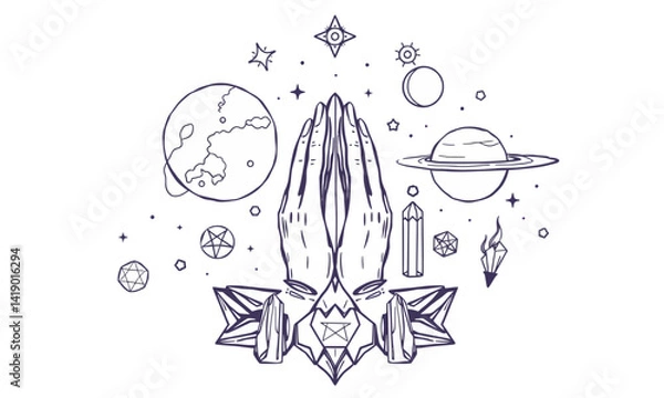 Fototapeta mystical illustration featuring hands in prayer position surrounded by celestial elements like planets, stars, and crystals, evoking sense of spirituality and connection to universe