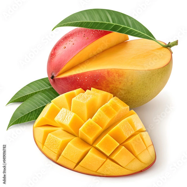 Obraz Ripe Mango with Leaf and Sliced Cubes on White Background – Fresh Tropical Fruit