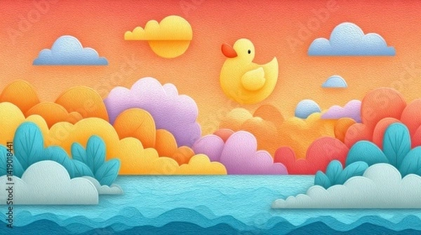 Fototapeta Yellow Ducky Soaring Over a Colorful Sunset Seascape