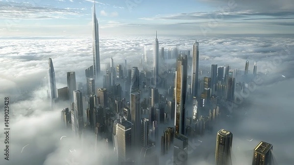 Fototapeta A mesmerizing vision of a futuristic city floating above the clouds its towering skyscrapers and neon lights reflected in the ethereal expanse above