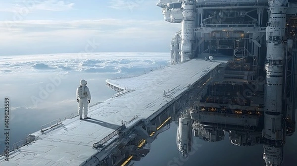 Fototapeta A lone astronaut stands on the edge of a massive futuristic space station gazing out into the boundless expanse of the universe  The figure is dwarfed by the sheer scale of the orbital facility