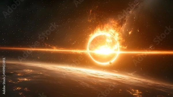 Fototapeta Dramatic cosmic event as a distant star is consumed by the immense gravitational pull of a massive black hole creating a mesmerizing display of energy and light in the depths of the universe