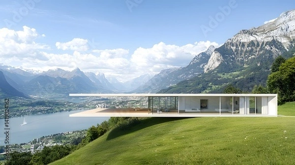 Fototapeta Breathtaking contemporary glass house design floating effortlessly above a stunning mountainous terrain showcasing a futuristic and visionary architectural concept