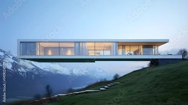 Fototapeta Floating Glass House Perched Atop Majestic Mountain with Captivating Panoramic Views of Serene Landscape and Stunning Skies