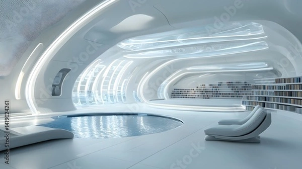 Fototapeta Futuristic Library Set in Zero Gravity Space Environment with Books Floating in Midair Showcasing Innovative and Imaginative Concept of Future Learning and Knowledge