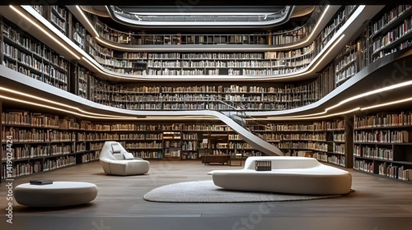 Fototapeta A visionary futuristic interior design showcasing a modernist library with books suspended in zero gravity creating a sleek ethereal and innovative spatial concept