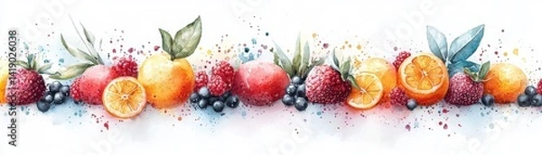 Obraz A vibrant watercolor illustration of an assortment of fruits, including oranges, strawberries, and blueberries, beautifully arranged in a colorful line.