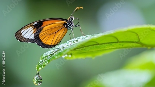 Fototapeta Exquisite close up photograph showcasing a single raindrop delicately perched on the intricate vibrant wing of a butterfly captured in stunning microscopic detail