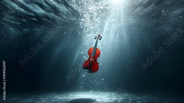Fototapeta Captivating image of a violin being played underwater with the sound waves emanating from the instrument visible in a surreal dreamlike setting