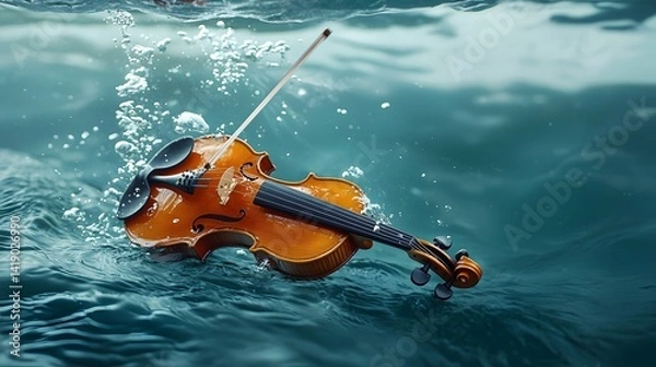 Fototapeta Breathtaking underwater performance of a violin with the musical notes and sound waves visible through the transparent fluid environment  A mesmerizing surreal and captivating display