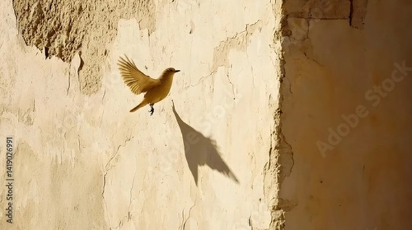 Fototapeta Enigmatic bird shadow cast on a giant wall creating an abstract and captivating silhouette shape that evokes a sense of mystery and minimalist elegance