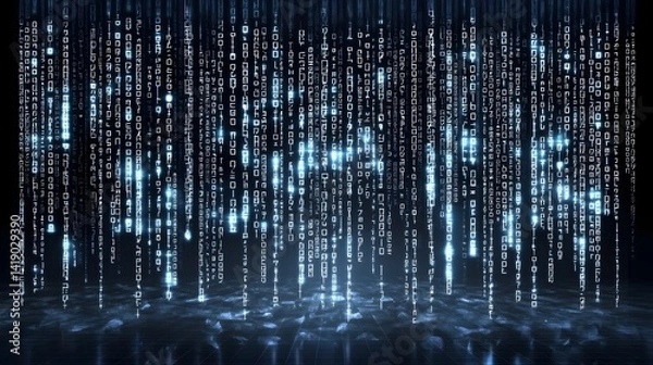 Fototapeta Futuristic dark blue digital matrix background with animated lights and geometric shapes  Abstract high tech technology and science based visual design