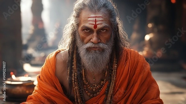 Obraz Indian sadhu baba hindu ascetic guru spiritual leader with tilak and beard portrait photography image photo