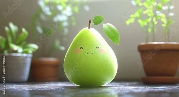 Fototapeta Smiling pear on table surrounded by plants