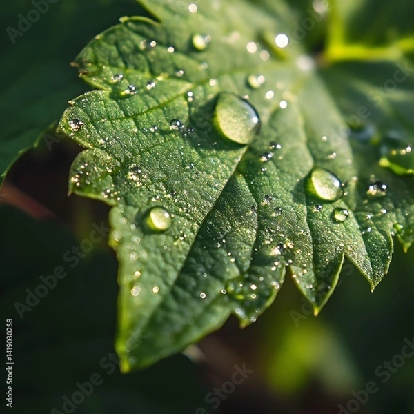 Fototapeta Vibrant Green Leaf with Glistening Dewdrops in Close Up View