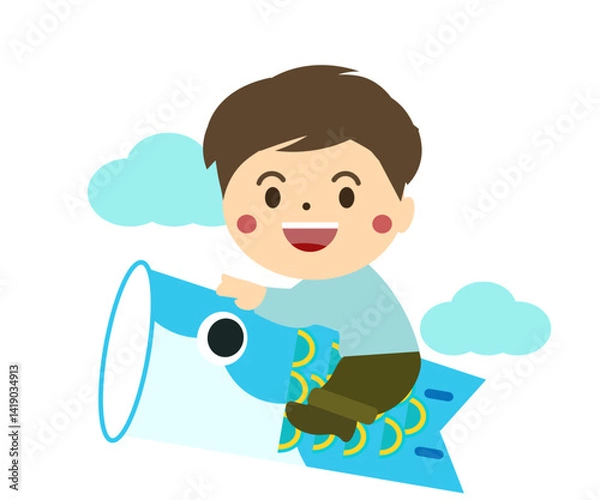 Obraz こどもの日の鯉のぼりと男の子。ベクターイラスト	
