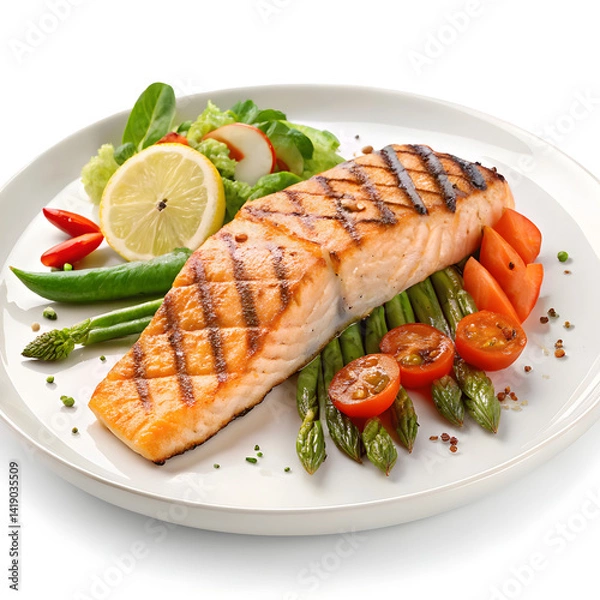 Obraz Grilled Salmon Fillet with Fresh Vegetables and Lemon Slice on White Plate – Healthy Gourmet Meal