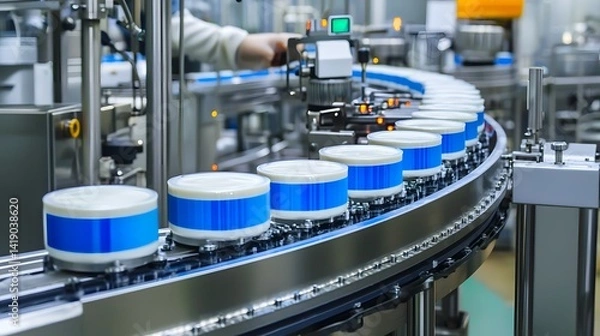 Fototapeta Fresh and creamy yogurt being carefully packaged in a sterile hygienic manufacturing environment for dairy products  The production process ensures food safety nutrition