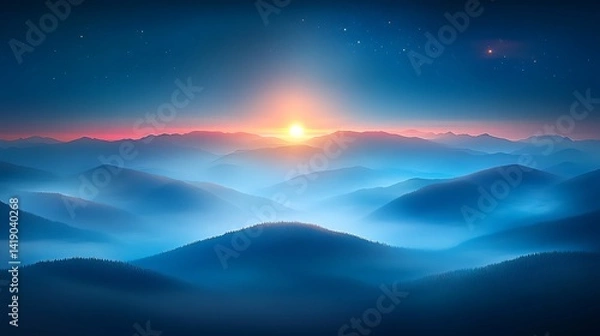 Fototapeta Serene sunrise over a misty mountain range. Warm toned sun rising above a cool toned, hazy landscape. Dark blue sky with subtle hints of pink and orange near the horizon. Layers of mountains shrouded