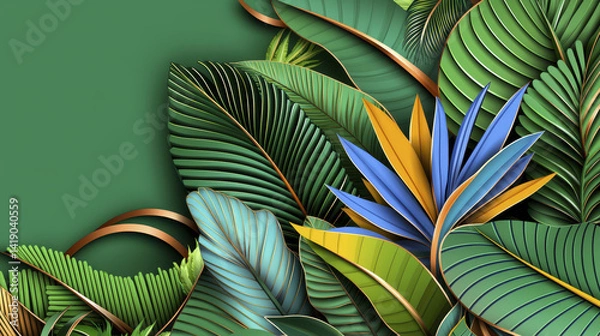 Fototapeta Vibrant illustration of tropical leaves and bird of paradise flower in green, blue, and yellow tones, with elegant golden accents on green background, evoking lush and exotic atmosphere