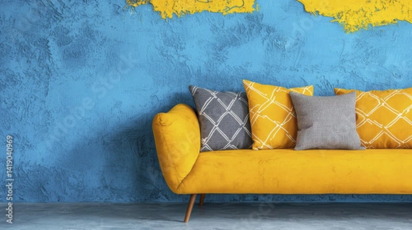 Fototapeta Vibrant yellow sofa with patterned pillows is set against textured blue wall, creating bold and modern interior design. combination of colors and textures adds lively and stylish atmosphere