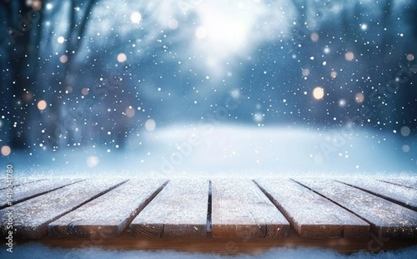 Fototapeta Serene winter landscape with wooden plank floor soft snowfall blue tones bokeh lighting atmospheric depth centered composition