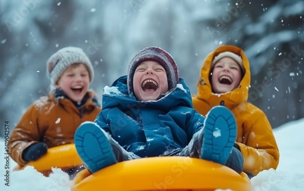 Fototapeta Three Kids Sledding in the Snow; A Winter Day Filled with Joy and Merriment