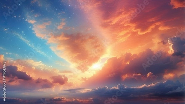 Fototapeta A vibrant sky filled with swirling clouds, illuminated by a radiant burst of light at the center