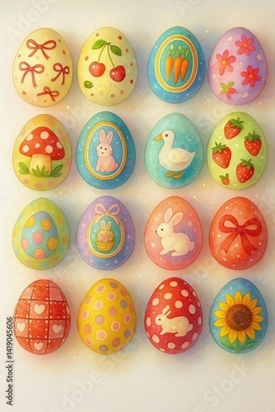Fototapeta Decorated Easter Eggs Collection in Watercolor Style