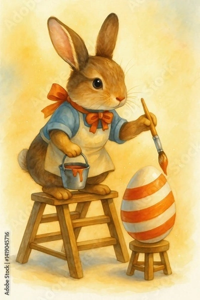 Fototapeta Easter Bunny Painting a Striped Egg in Watercolor Style