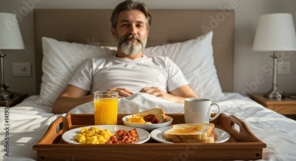 Fototapeta Middle Aged Man Enjoying Breakfast in Bed