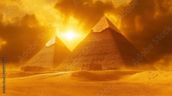 Fototapeta Ancient pyramids bathed in golden sunset light