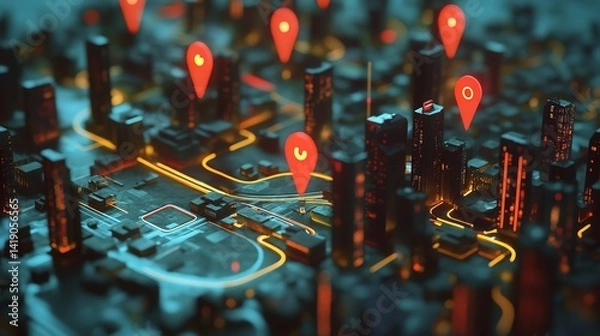 Obraz Abstract city map with gps location pins and glowing roads for navigation and urban planning concept