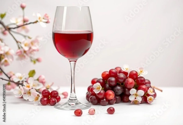 Fototapeta Red wine glass, grapes, spring blossoms, white table, empty space, isolated, springtime