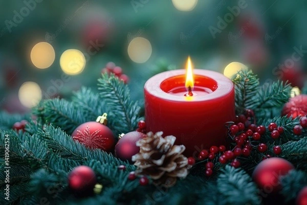Fototapeta Glowing Red Christmas Candle with Festive Greenery and Ornaments Soft Bokeh Shallow Depth of Field Dreamy Holiday Decoration