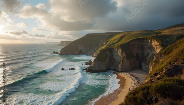 Obraz People gathering peaceful on secluded beach against rugged cliffs and teal ocean [with copy space]