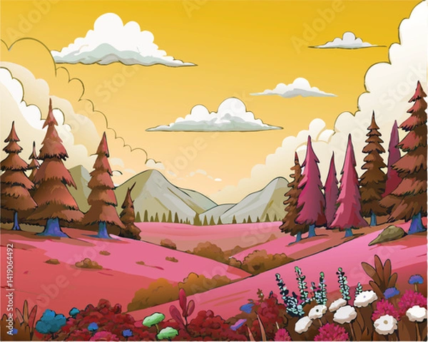 Obraz A dreamy cartoon valley at sunset with pink hills, vibrant flowers, and reddish pine trees under a soft golden sky.
