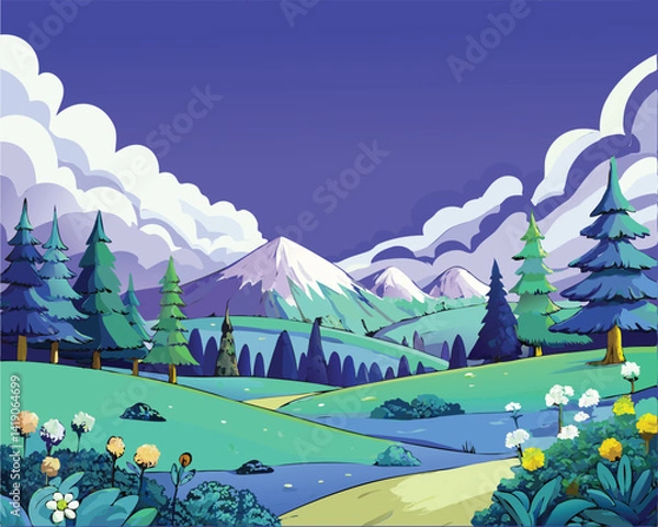 Obraz A vibrant and whimsical landscape featuring colorful flowers, lush meadows, towering pine trees, and majestic mountains under a dramatic cloud-filled sky.
