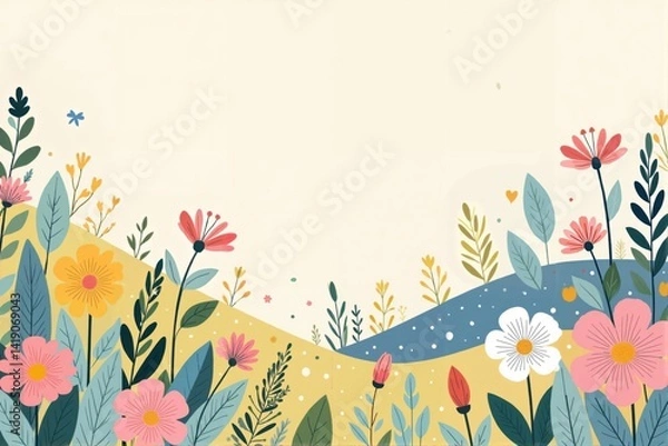 Fototapeta Hand drawn abstract floral spring background with flowers, Flat design spring background with flowers