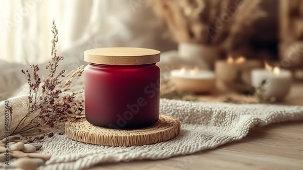 Fototapeta A high-end product photo of a red sorrel-scented candle in a minimalist glass jar, styled with a bamboo lid on a textured fabric surface, with spa-like decor in the background—pebbles, dried herbs,