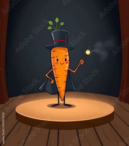 Fototapeta A whimsical carrot character wearing a black top hat and holding a magic wand, exuding charm and a touch of magic, set against a simple, light background.
