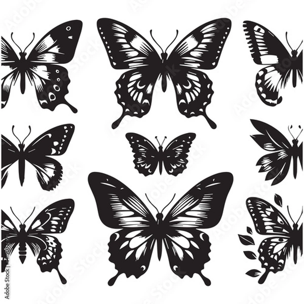 Fototapeta Butterfly Silhouette Vector Collection – Elegant Black Insect Icons for Nature, Spring, and Decorative Designs