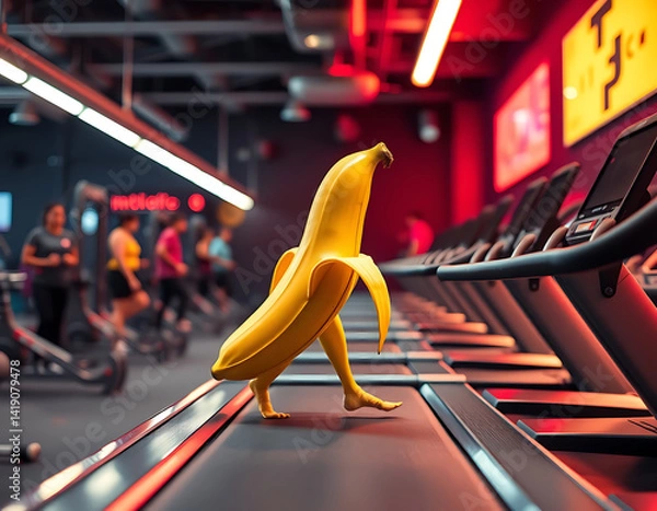 Obraz A ripe yellow banana placed on a moving treadmill in a gym setting, with the treadmill's digital display showing speed and distance, surrounded by exercise equipment.